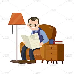 老人坐在棕色的椅子上看报纸。高级的生活方式。家具-扶手椅，带杯的床头柜，落地灯。休息和放松的祖父与消