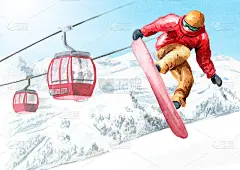 年轻的滑雪板从雪山滑雪度假村，冬季娱乐和度假概念滑雪板从雪山缆车。手绘水彩插图