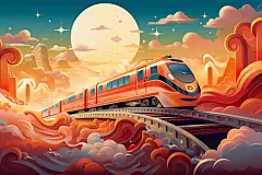 铁路铁轨国潮春运喜庆火车插画