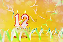 数字12,黄色背景,纸杯蛋糕,生日,蜡烛,留白,明亮,12岁到13岁,周年纪念,事件
