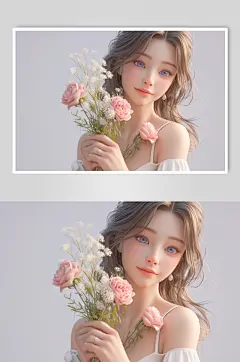 AI数字艺术春季捧花女孩人物模型-众图网