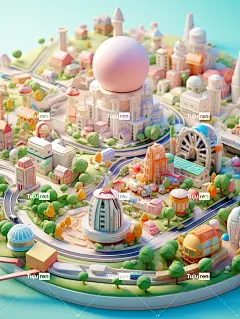 微型城市现代建筑动画片粘土材料3D渲染海报