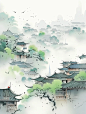 写意江南水乡青泉烟雨，中国古代乡村风光，鸟瞰全景海报