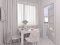 一室公寓房在现代简约风格的室内设计厨房的 3d 渲染。图显示一个窗口和一个小储藏室附近的表