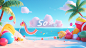 a banner, Summer, ocean, blue sky, red, yellow, green,( blue:1), soft lighting, bright colors, 3D icon clay rendering, mixer, 3D, pink background, edge light, high-quality, Cinema4D, OC rendering super details, best quality, ultra high definition