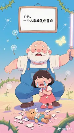彩色简笔画，卡通风格，治愈系插画，生动童趣手绘笔触，胖老爷爷穿着蓝色背带裤半蹲展开双臂护住流泪的小女孩，脚下碎裂的玩偶被老爷爷用胶带修补，背景漂浮带刺藤蔓与老爷爷手中光剑形成对抗，空中飘落蒲公英和发光