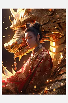 数字艺术手绘国风插画黄金女战士龙女战士-众图网