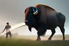 美丽的绿草田野中的男人与水牛