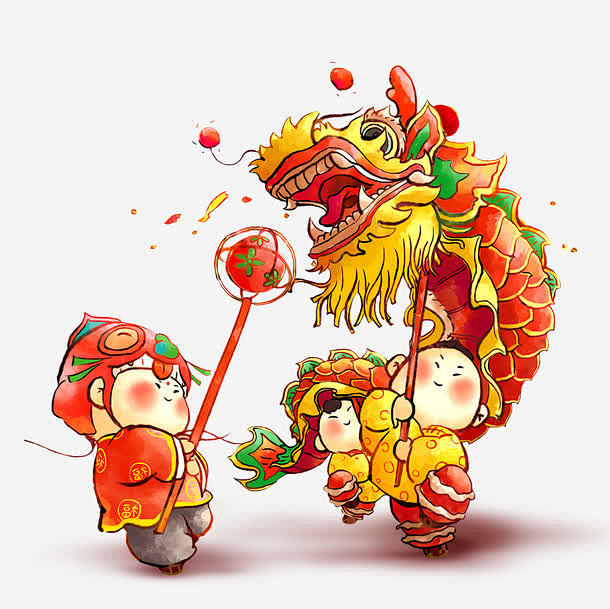 手绘可爱卡通元宵节灯会舞龙插图 平面电商...