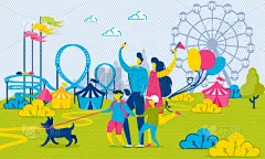 游乐园,家庭,都市风光,父母,插画,父亲,儿童,步行,休闲