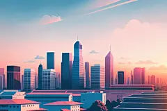 梦幻现代科技城市剪影扁平插画图片