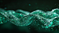 3D render of green and blue glass particles forming an abstract wavy line shape against a dark background in the hyper realistic style.