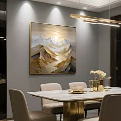 《聚财金山》日照金山手绘餐厅挂画轻奢高级感大芬村油画客厅挂画-淘宝网