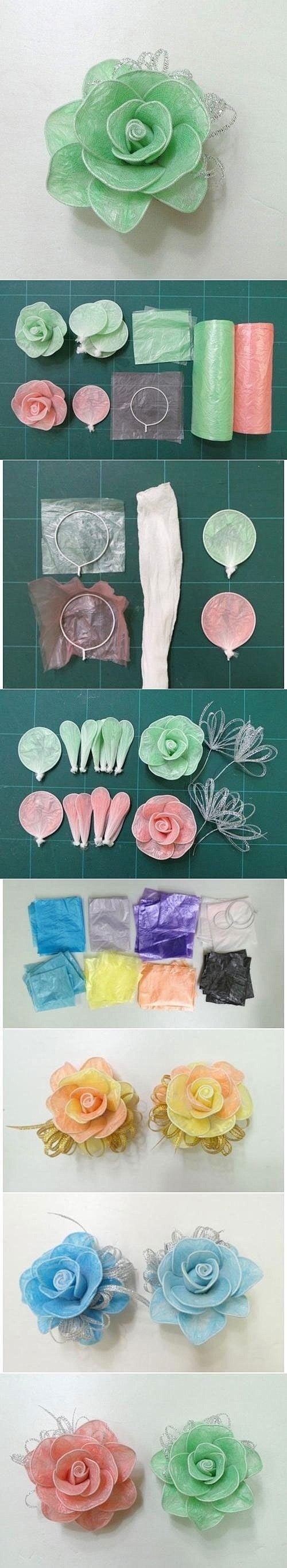 塑料纸袋或丝袜结合铁丝和丝带制作精美花朵...