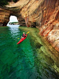 Kayaking along Pictured Rocks National Lakeshore, Michigan: 