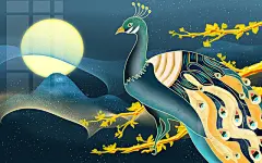 蓝色新中式工笔画风夜色孔雀装饰版画原创插画海报