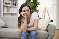 压力大的成熟女人坐在家里的沙发上看起来很伤心