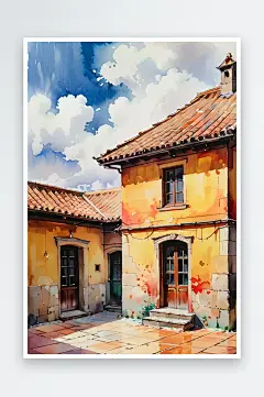 手绘油画老房子四合院儿童插画-众图网