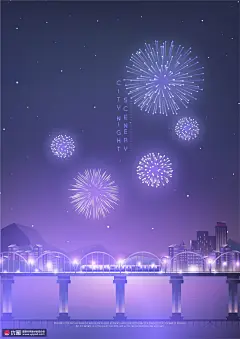 烟花礼花 跨海大桥 城市建筑 风景插图插画ai19 风光建筑 风景插画