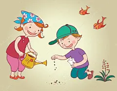 两个小孩子儿童种植花卉种子。儿童夏季活动的想法。儿童插画购置学校书籍和更多。分离对象
