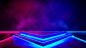 Triangle stage with smoke and and purple neon light,abstract futuristic background Premium Photo