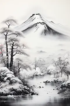 AI数字艺术国风水墨大雪小雪雪景插画