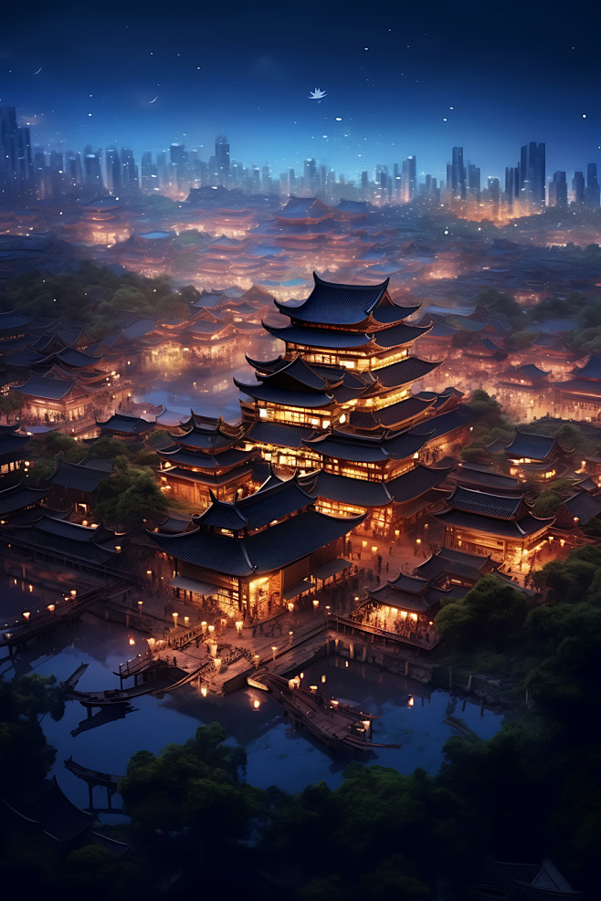 古风建筑古城赛博朋克原画