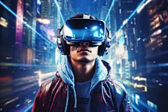 虚拟空间赛博朋克几何VR眼镜人物插画图片