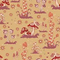 无缝隙向量图案，红色蘑菇，粉红色背景。幻想景观墙纸设计。族裔时尚纺织品.