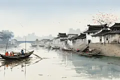 水墨建筑插画绘画