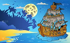 秘密,夜晚,海景,帆船,帆,绳子,风,撕破的,船,古董