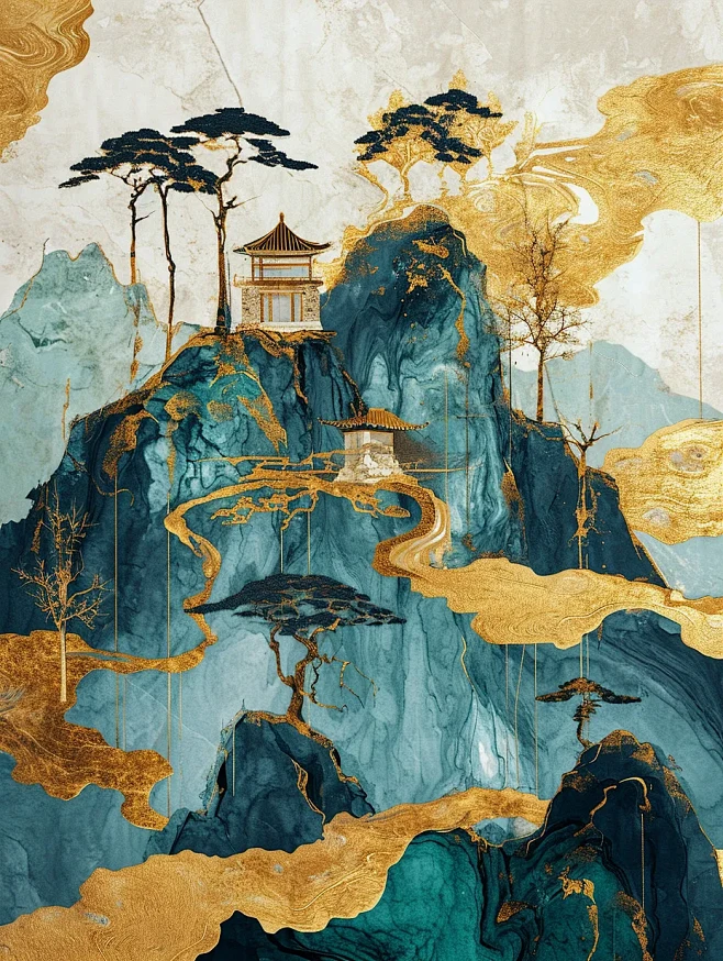 鎏金山水画海报-花瓣网