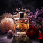 A bottle of expensive perfume surrounded by flowers, top advertising, luxury, morning light, Nori Inoguchi photography