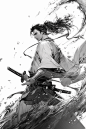 古风执剑少年水墨武侠剑客插画