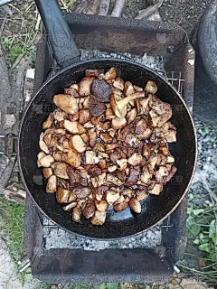 用平底锅在火上煎蘑菇