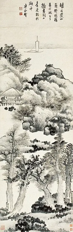 皤皤白发山翁，野服犹存古风。不去摊书阁上，还来把钓湖中。
【图：清·龚贤】