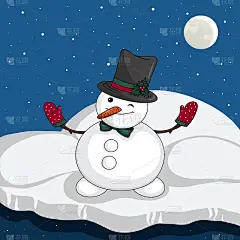 雪人戴着帽子，领结，草莓手套在冰，雪和深蓝色的背景与月亮和雪花。圣诞贺卡，寒假手绘设计