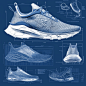 Design a detailed blueprint of a modern running shoe, featuring a sleek, ergonomic design. The shoe should have a lightweight, breathable mesh upper with strategically placed overlays for support. Show the midsole with a clear view of the cushioning techn