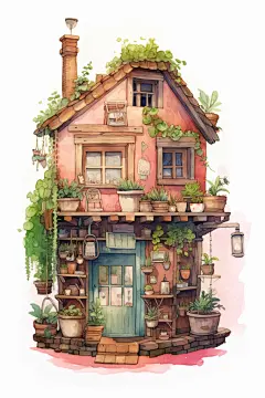 房子美术绿植房屋水彩画铅笔插画
