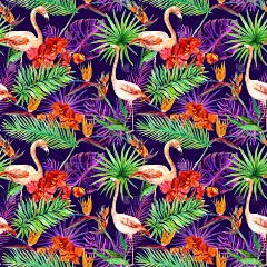 热带奇异的叶子，兰花花，霓虹灯。无缝模式。水彩