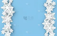 圣诞节的背景是白色的雪花。冬季装修。圣诞和新年纸艺术风格的贺卡，3d渲染插图在蓝色的背景。