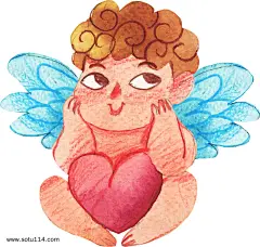 抱着爱心坐着的手绘天使