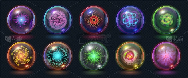 现实的魔法能量球与火，光和闪电的效果。等离子爆炸的发光能量球。梦幻水晶球向量集素材-花瓣网