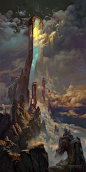 The Gate of Sahaqiel, Peter Mohrbacher : I watched as the clouds poured forth from the mouth of the opening. The sky on the other side leaked through to flow down into the valley below, filling nothing of the infinite void that waited below it. Compared t