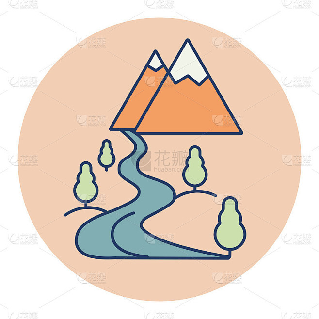 山脉和河流矢量图标。自然标志