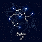 Vector sagittarius, constellation and zodiac sign on the background of the cosmic universe. blue and white