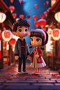 summer night, chinese traditional valentine’s day, popmart blindbox style, in the style of piaxr, disney, c4d, blender, ocrendering, couple with Asia look, tradirional black hairstyle, charming eyes, smile face, happiness, traditional avenue, soft lightin