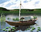 3d rendring of sampan on lake