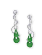 JADEITE AND DIAMOND EAR PENDANTS  Jadeite with a diamond-set scroll and a twin row collet-set diamond chain in white gold. (Christie's)