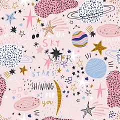 无缝的太空图案，包含手绘的太空元素。宇宙蓝色的儿童宇宙纹理，点缀着星星。矢量插图插画图片素材